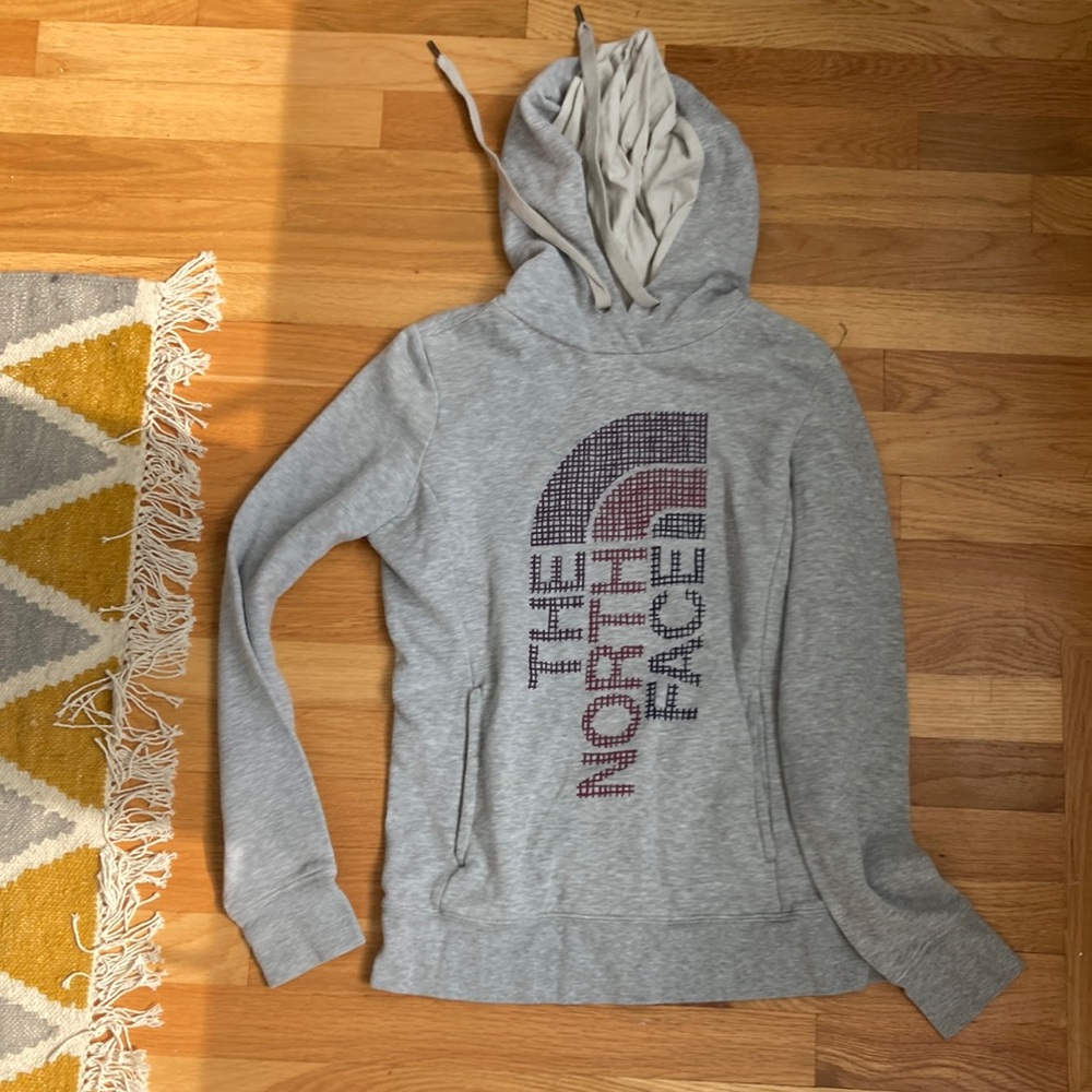 The Northface hoodie, gray, lined hood, size small.